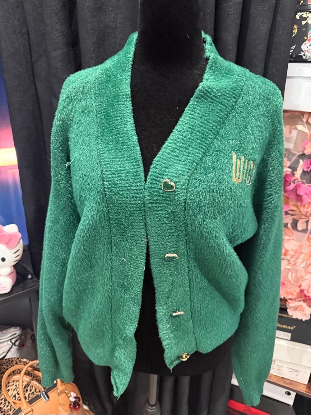 Green Knit Button-Front Cardigan with Gold Embroidery